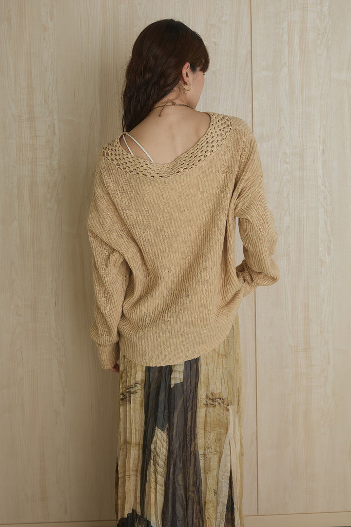 [SET]ネック編みデザインニットトップス+ウエスト折り返しワイドパンツ(2set)