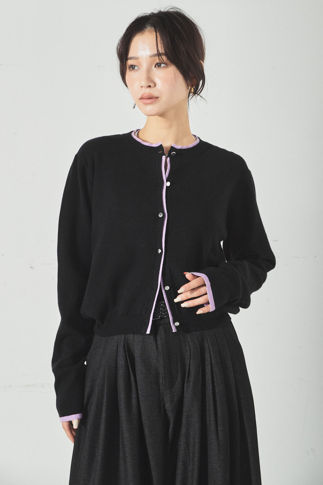 レイヤード風配色ニットカーディガン/グレー