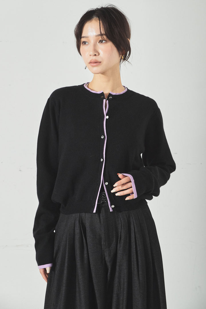 レイヤード風配色ニットカーディガン/グレー