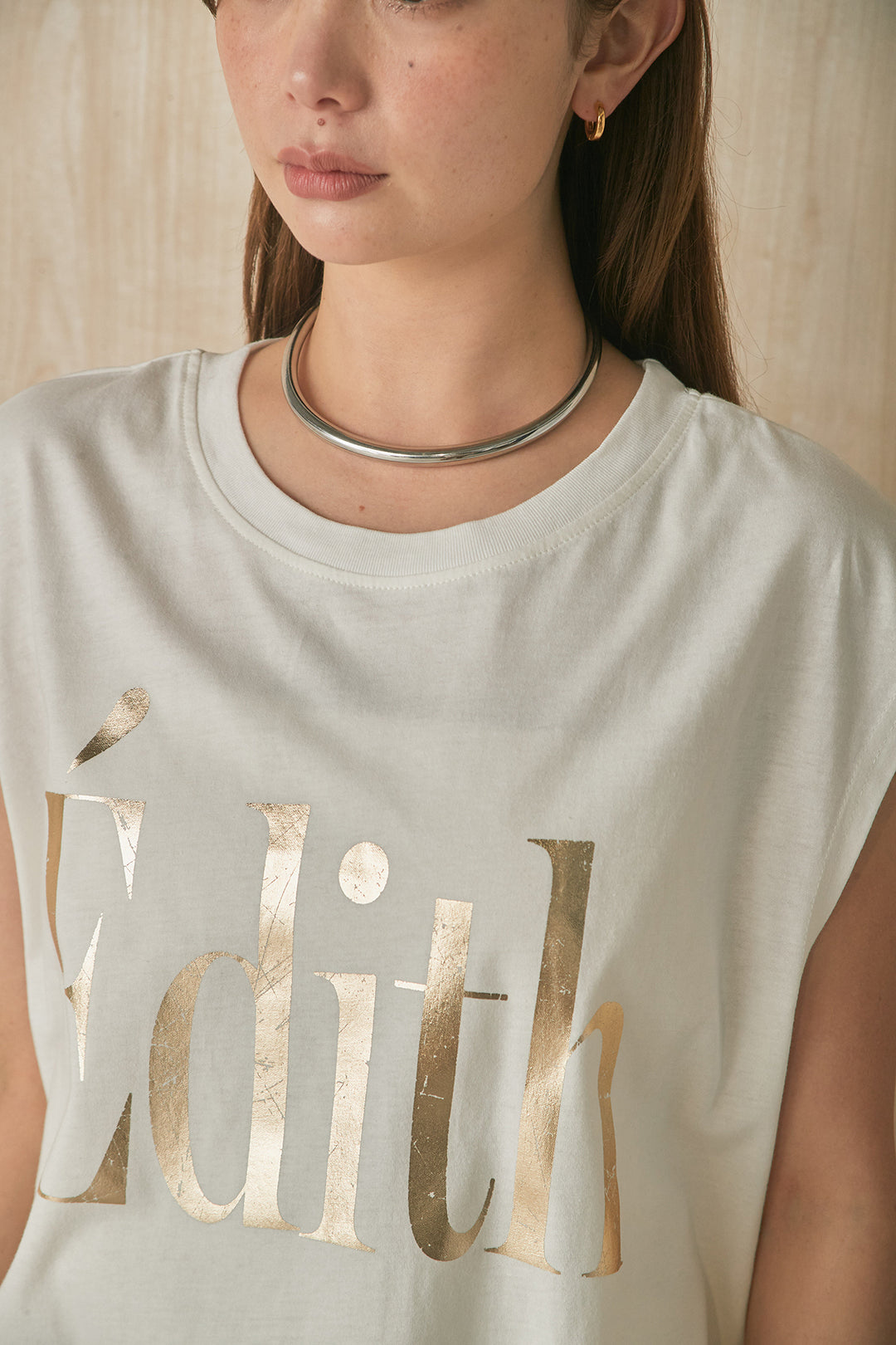 [SET]箔ロゴプリントノースリーブTシャツ+スタッズ付きポケットタックパンツ(2set)