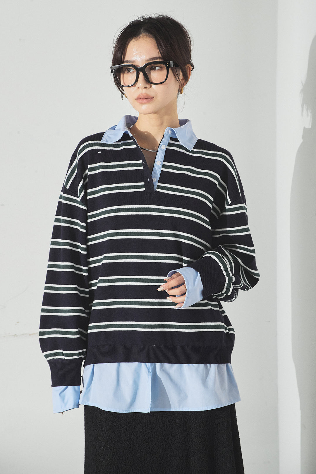 マルチボーダーシャツドッキングニットプルオーバー