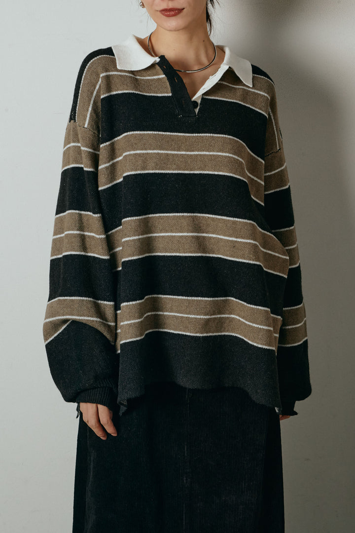 【即納】ラガーニットボーダーポロプルオーバー