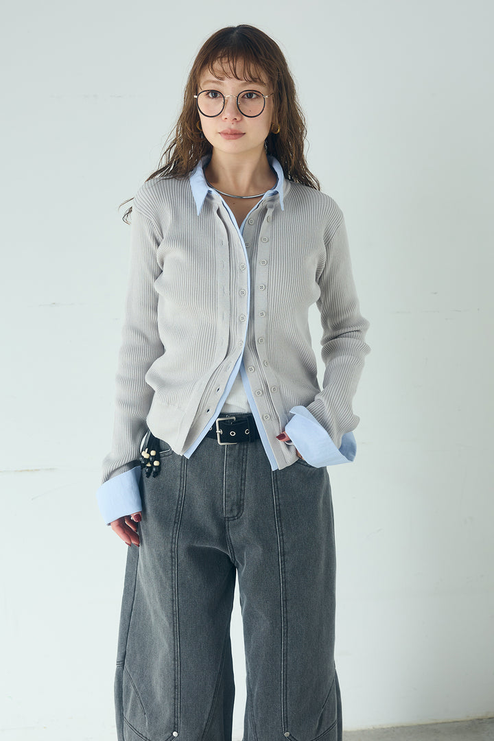 [SET]シャツドッキングボタンニットカーディガン+異素材切り替えスウェットパンツ(2set)