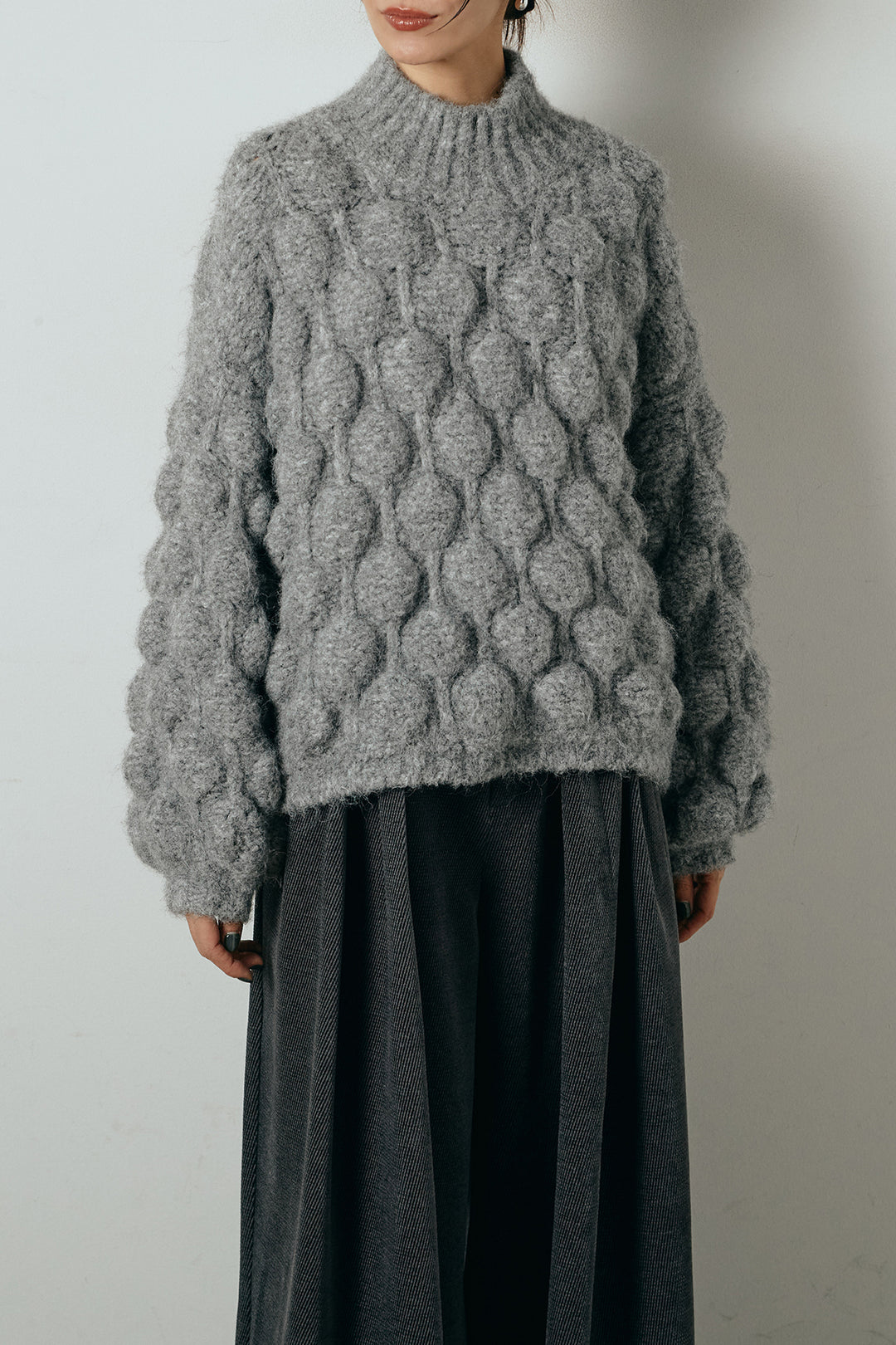 [SET]ボリュームポップコーンニットトップス+編みベルト付きワイドパンツ(2set)