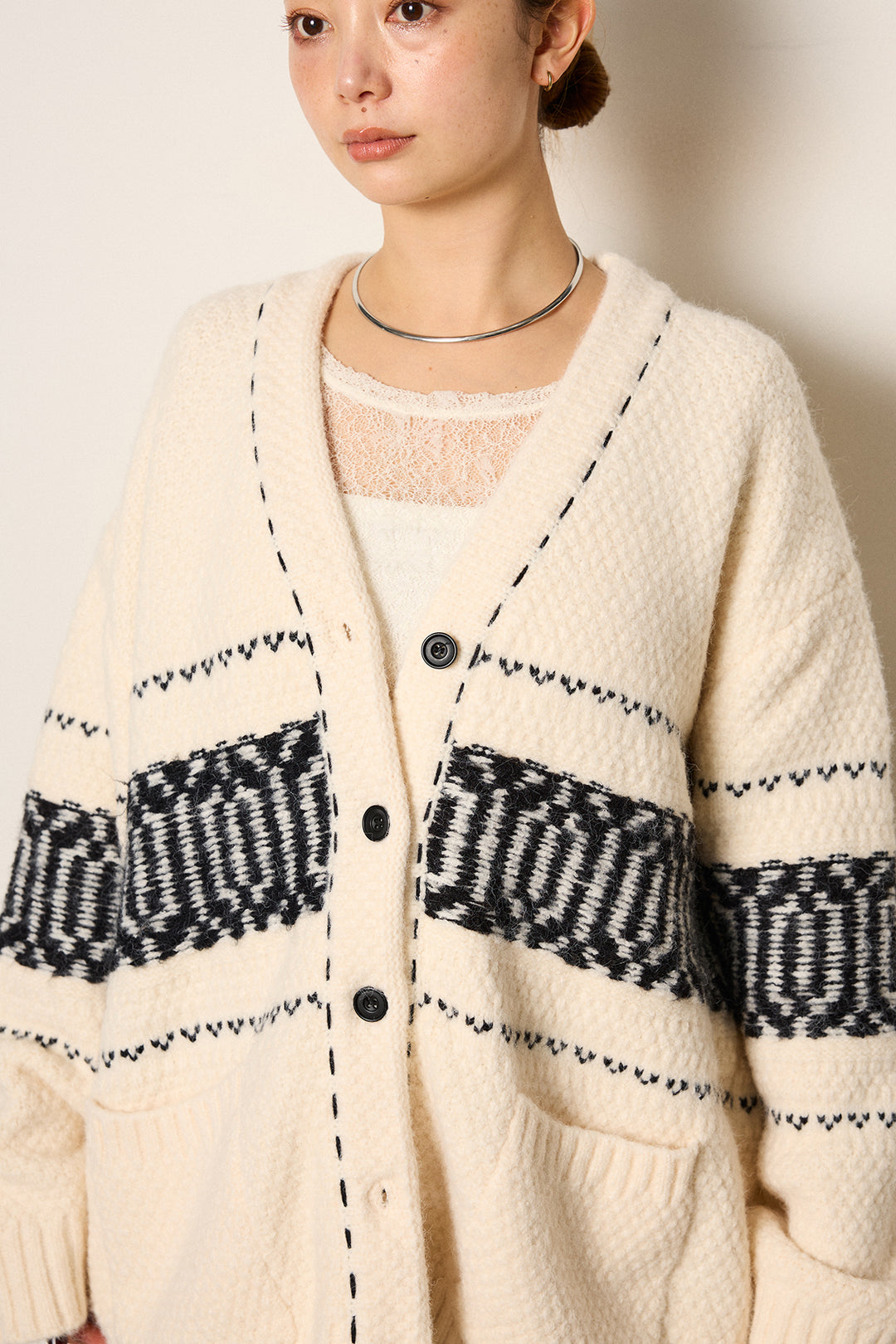 ライン柄ステッチニットカーディガン