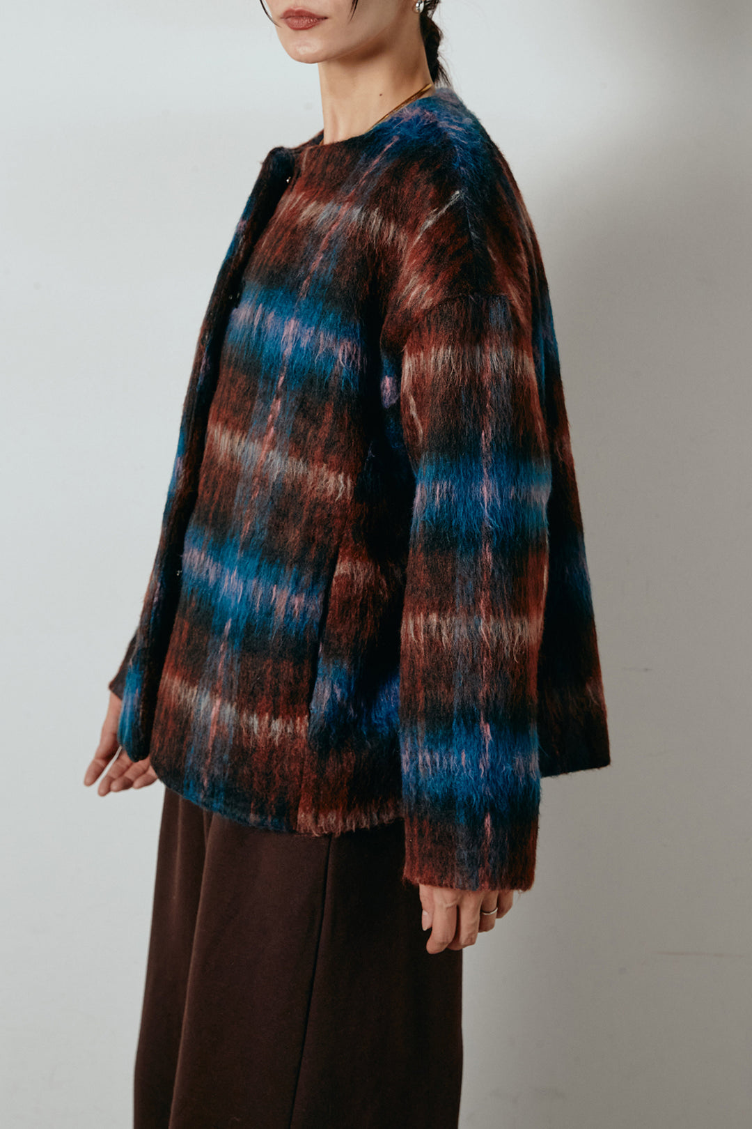 [SET]ノーカラーシャギーチェックアウター+裏起毛スウェットワイドパンツ(2set)