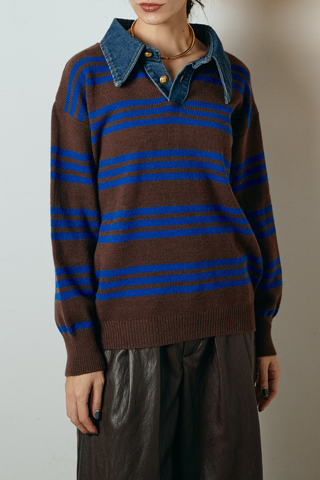 [SET]デニムレイヤード風ランダムボーダーニットプルオーバー+エコスウェードワイドスカート(2set)