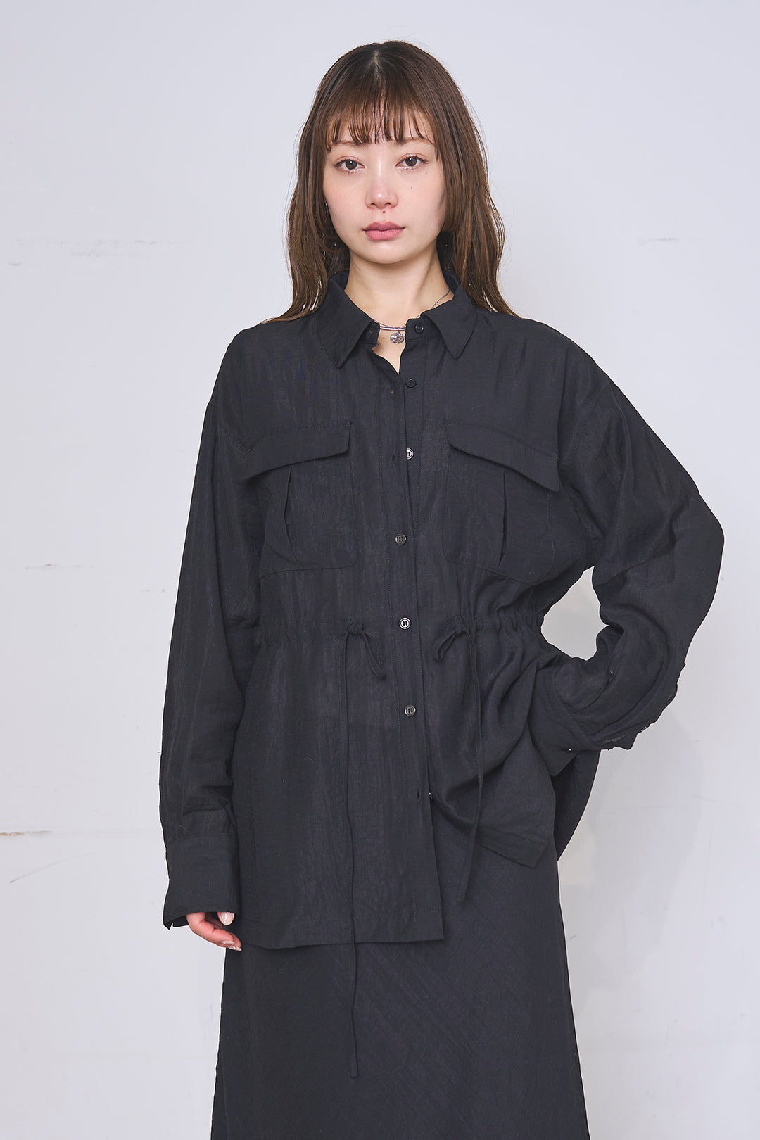 [SET]リネンブレンドシアーサファリシャツ+アートペイント柄スカート(2set)