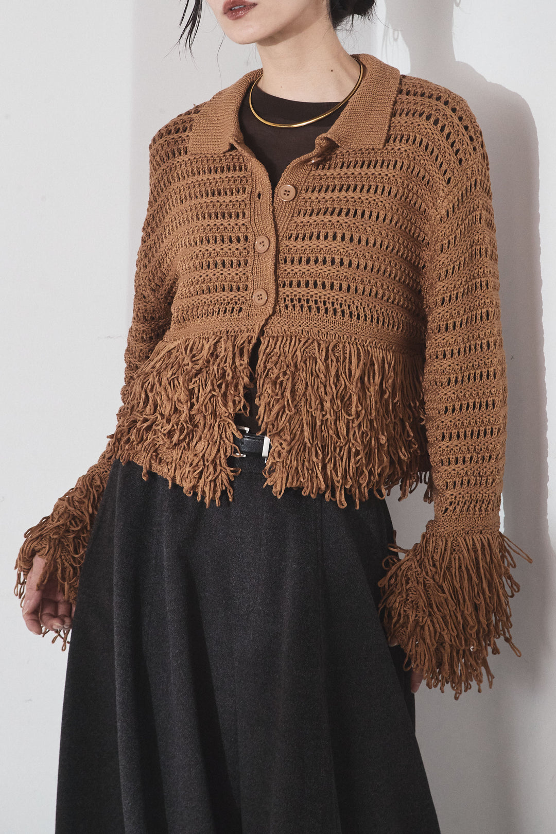 [SET]メッシュフリンジカーディガン+ヘリンボーンストライプツータックパンツ(2set)