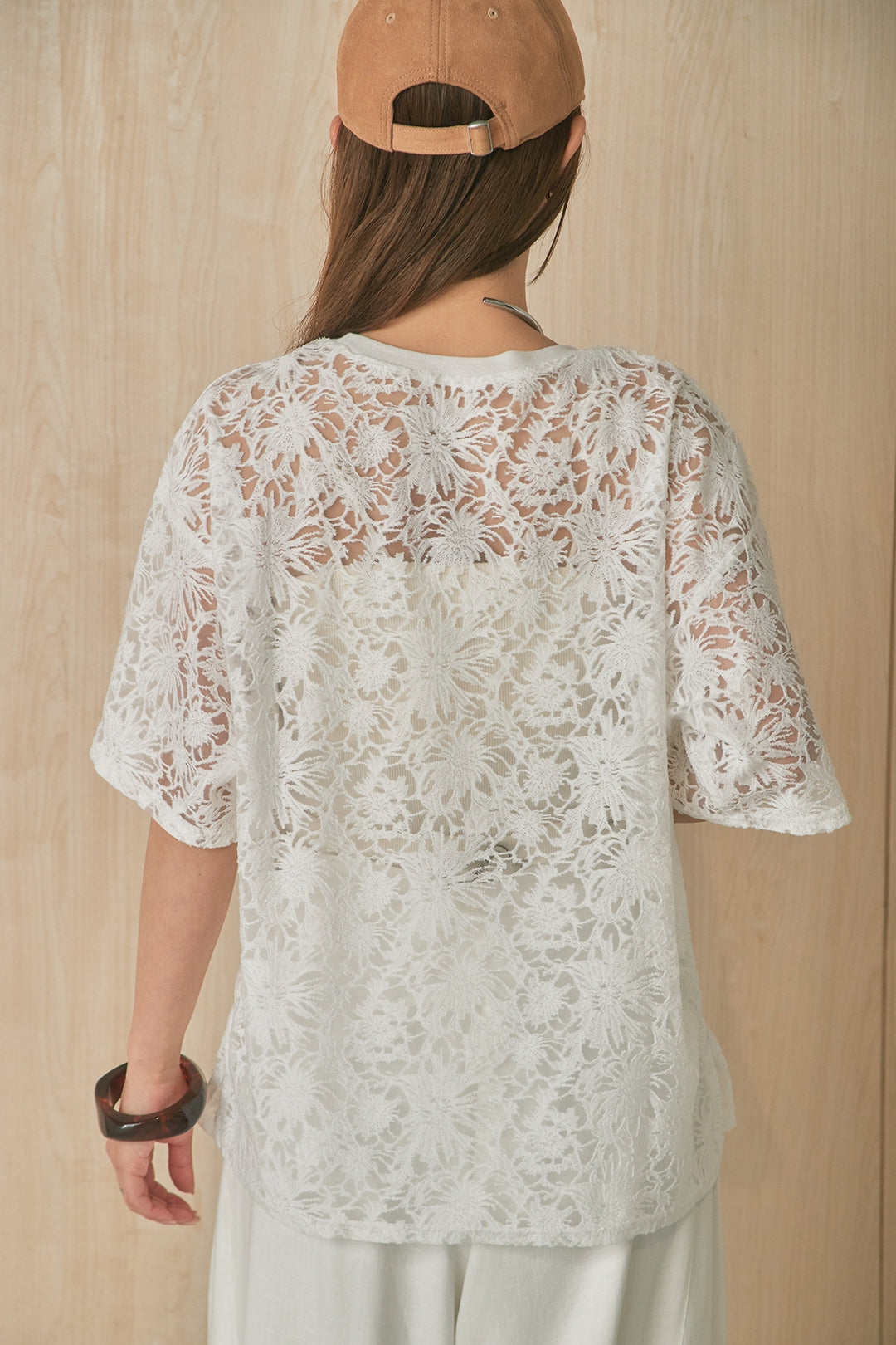 [SET]シアーレース半袖プルオーバー+細ベルトループワイドパンツ(2set)
