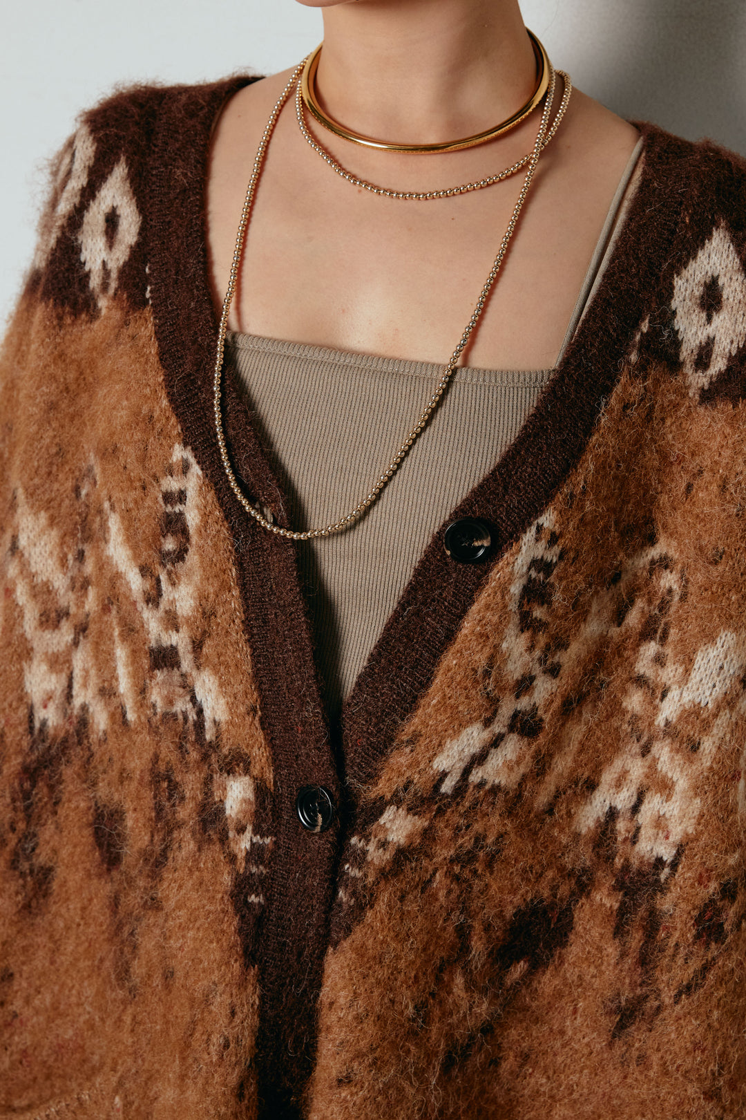 [SET]シャギーニュアンス柄ニットカーディガン+裾透かし編みキャミソールニットワンピース(2set)