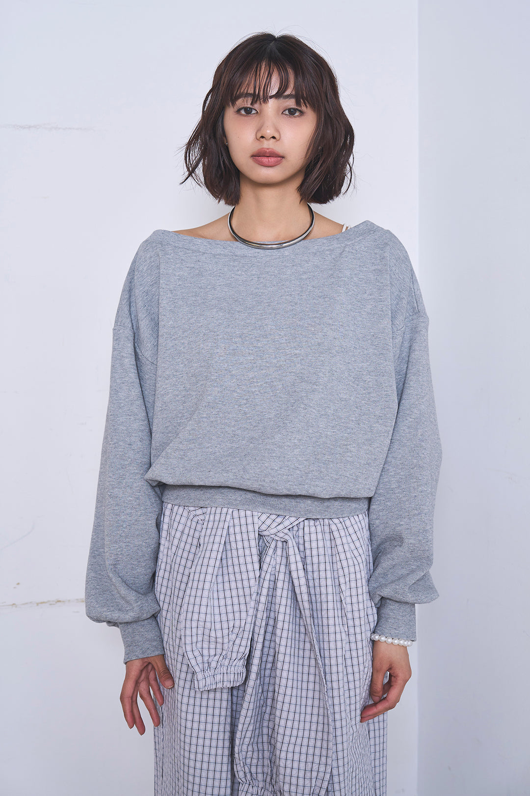 [SET]ワンショルスウェットプルオーバー+チェックウエスト巻きジョガーパンツ(2set)