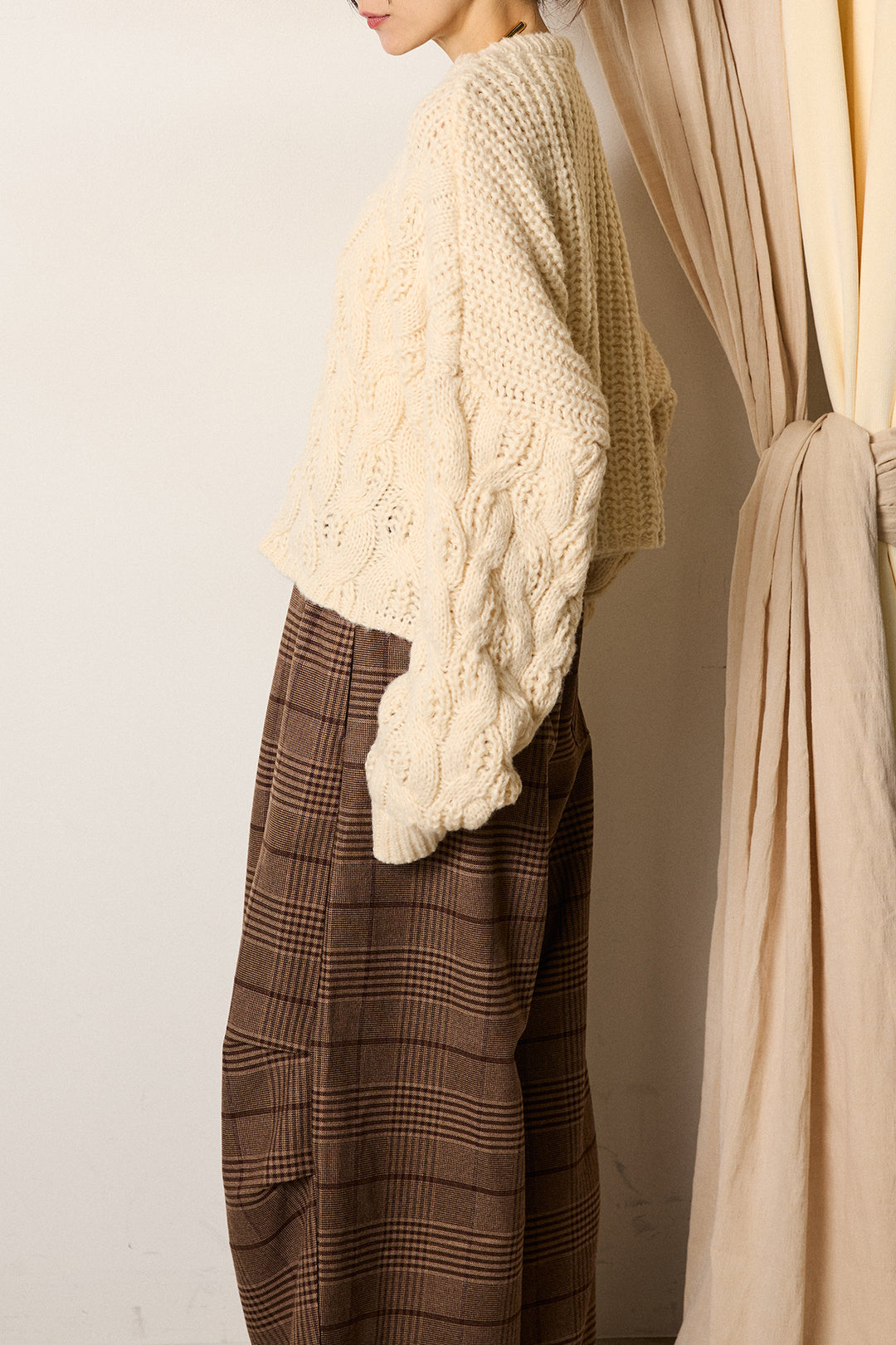 [SET]ケーブルリラックスショートニット+スウェットワイドカーブパンツ(2set)