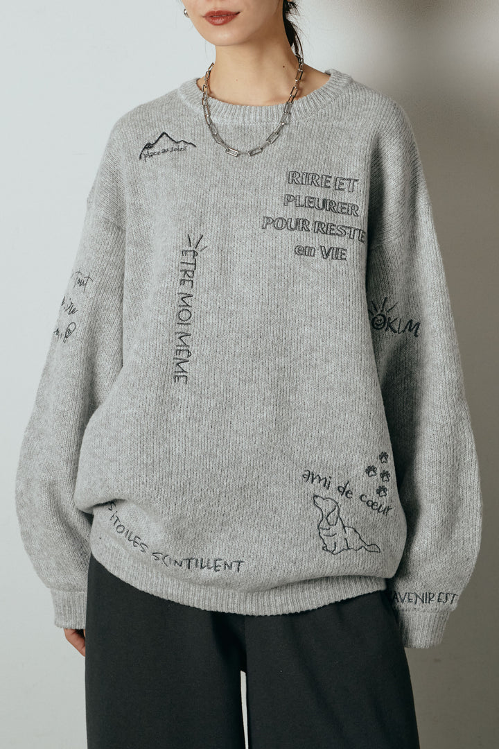 【即納】刺繍ロゴランダムデザインニットトップス