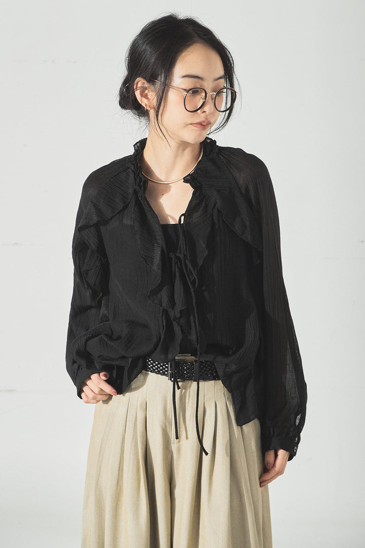 [SET]フロントリボンフリルブラウス+ピンストライプツータックサロペット(2set)