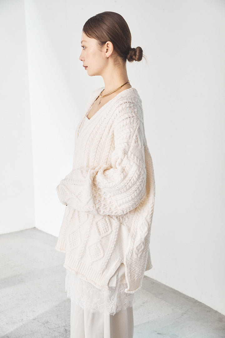 [SET]ケーブルVニットセーター+サテンタックワイドパンツ(2set)