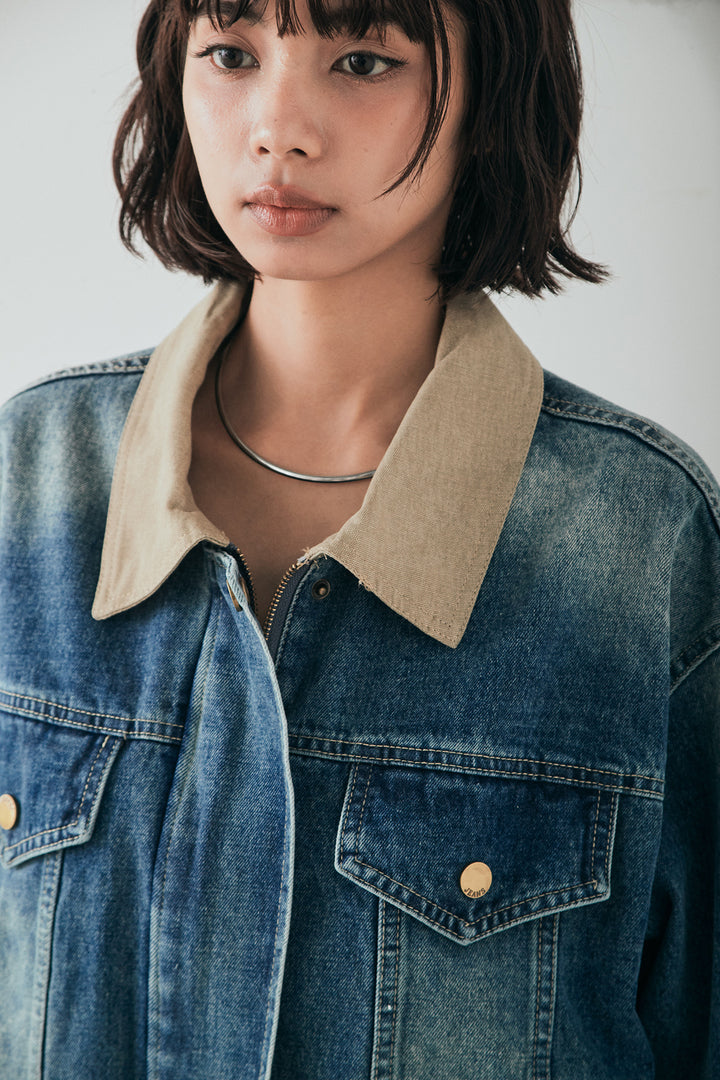 [SET]襟切り替えジップデニムジャケット+綿ツイルアシメサロペット(2set)