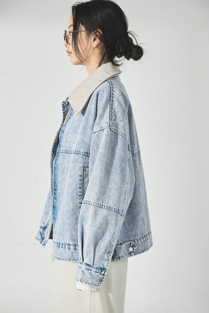 [SET]加工デニムレザー襟付きデニムブルゾン+カットリブレイヤードヘンリーネックワンピース(2set)