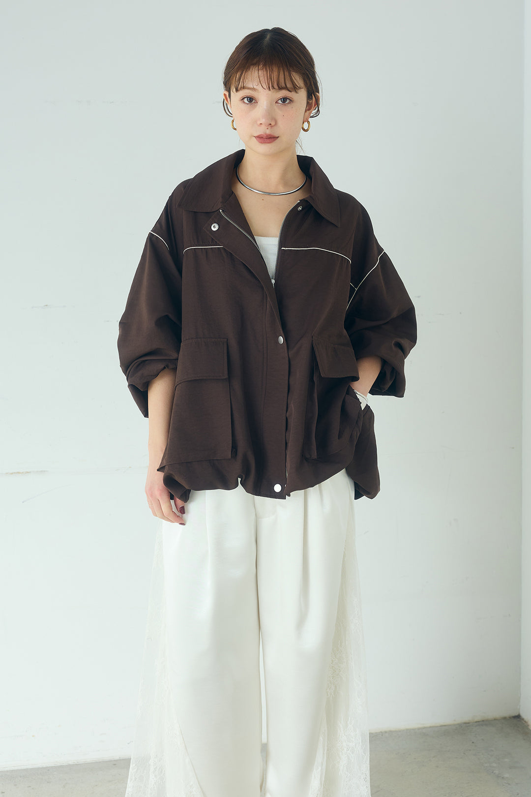 [SET]合繊ツイルバルーンジャケット+サテンレース切り替えタックパンツ(2set)