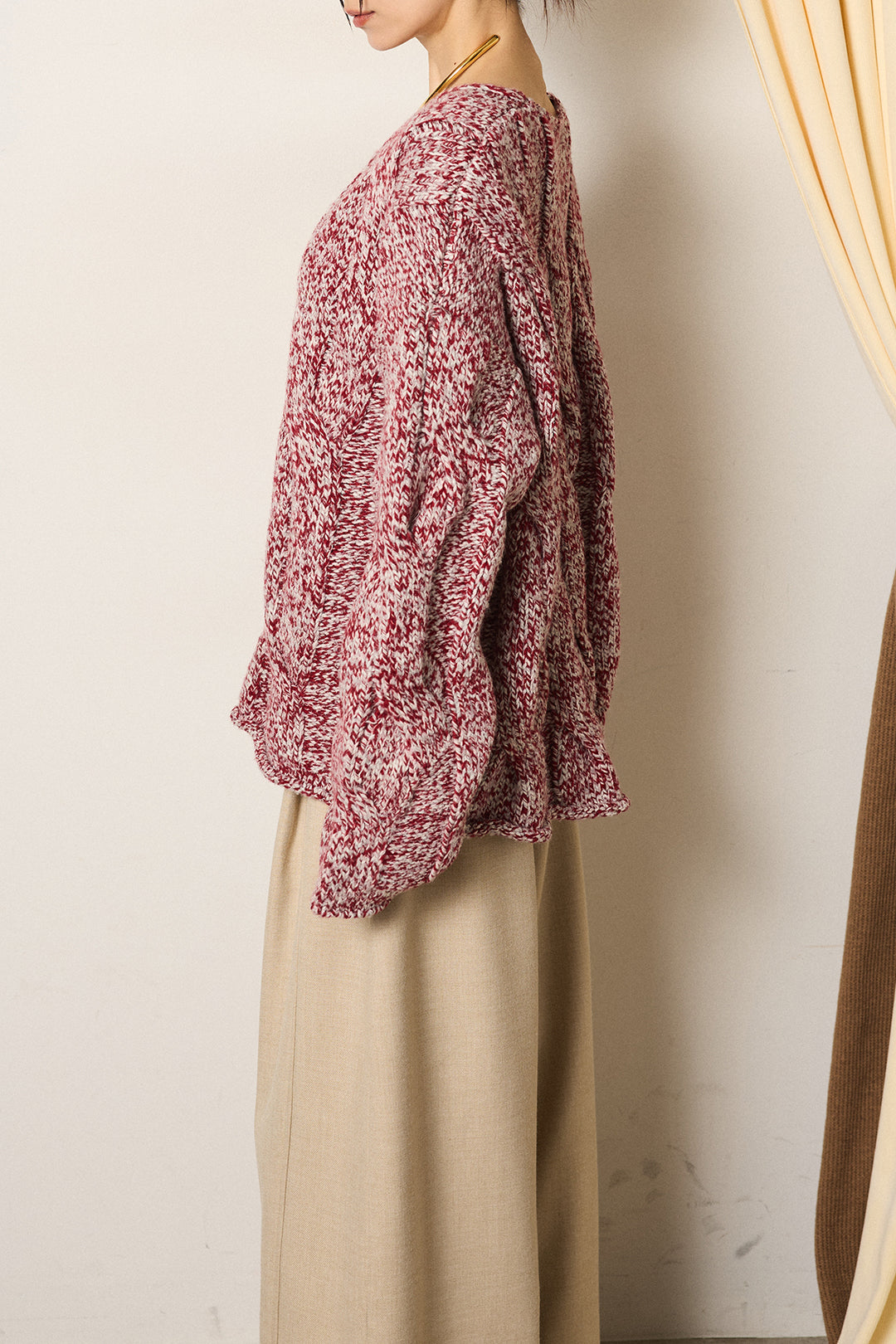 [SET]Vネックミックス編みニットトップス+スウェードライク裾フリンジスカート(2set)