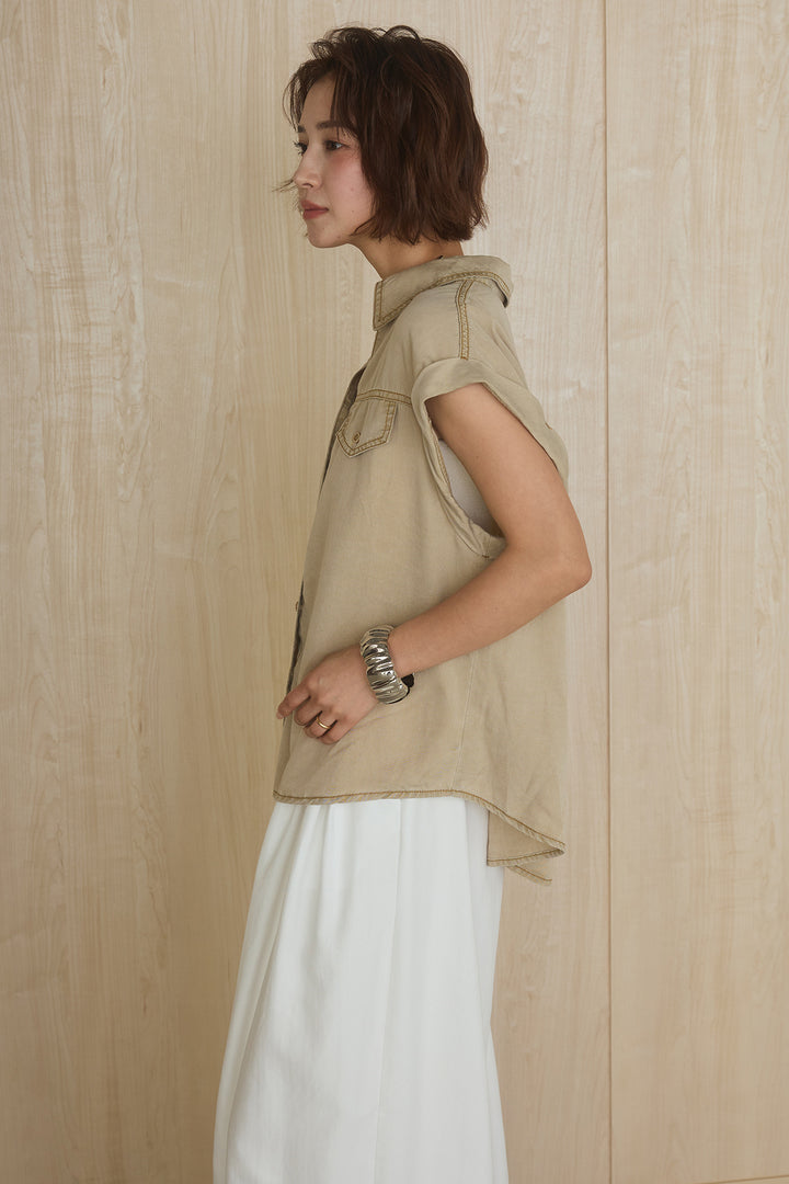 [SET]リヨセルデニムノースリシャツ+センタースリットデニムジャンスカ(2set)