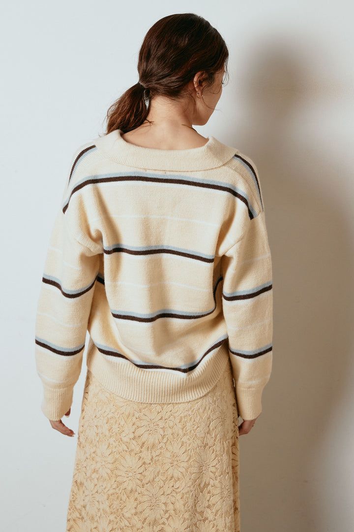 [SET]襟付きマルチボーダーニットポロトップス+ウエストステッチデザインワイドスラックス(2set)