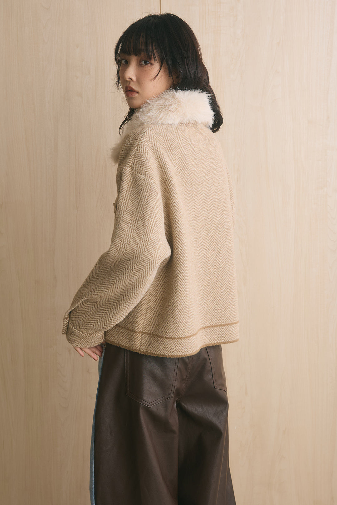 [SET]ファー襟付きミドルジャケット+レザーライクドッキングカーブデニムパンツ(2set)