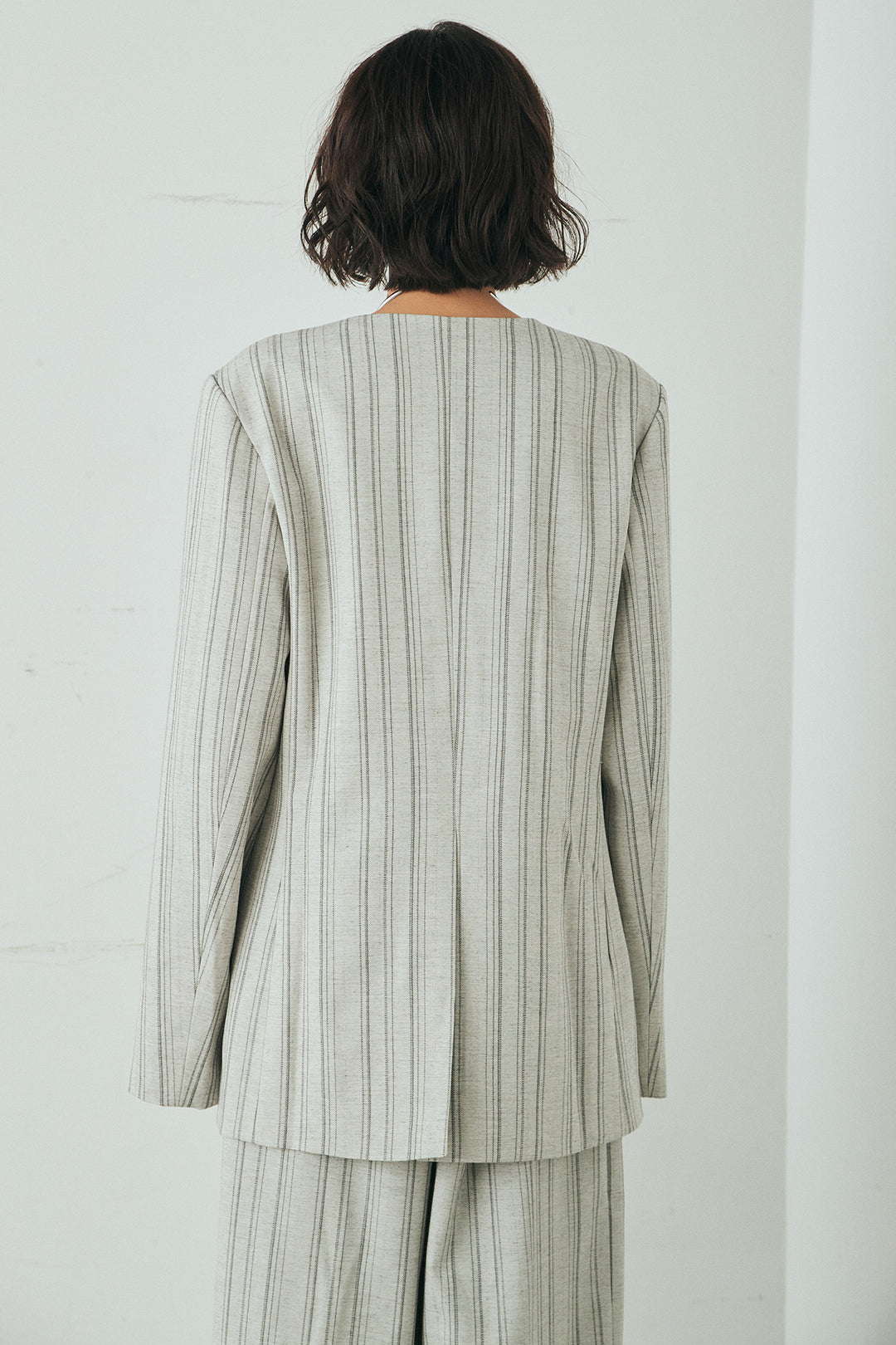 [SET]ノーカラーピンストライプジャケット+ピンストライプワイドスラックス(2set)