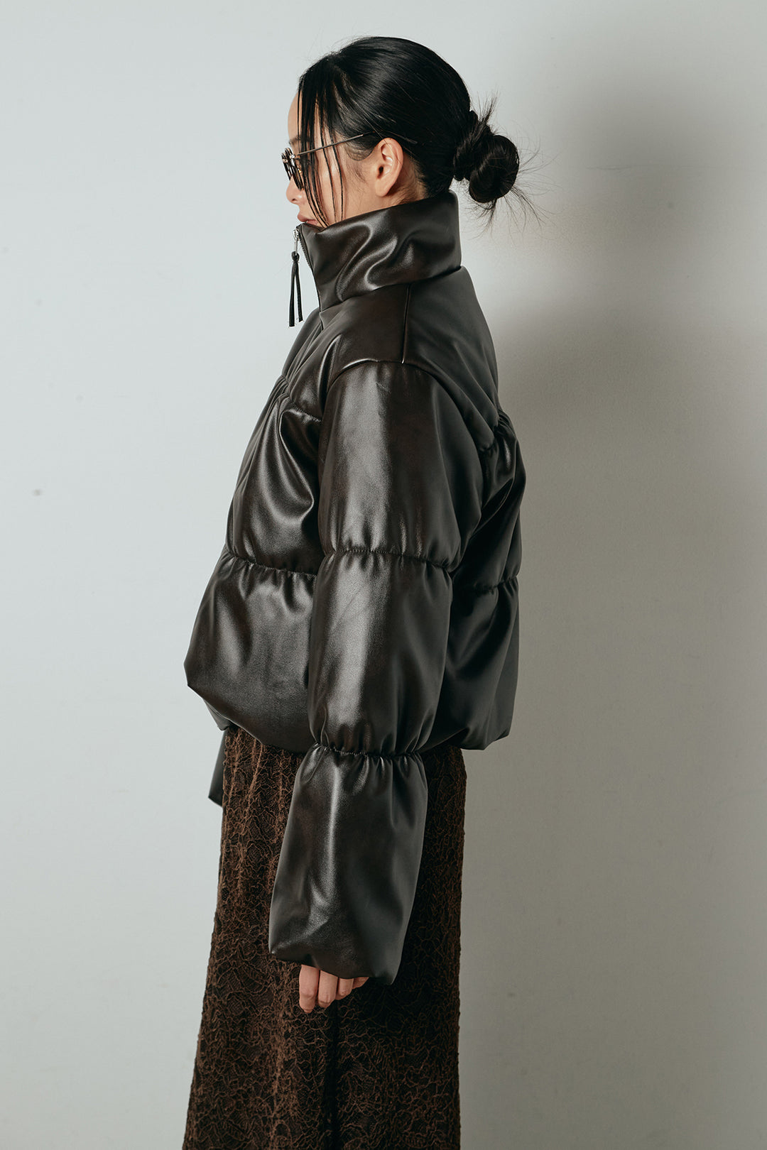 [SET]レザーライクWジップスタンドカラー中綿ブルゾン+総レース刺繍スカート(2set)