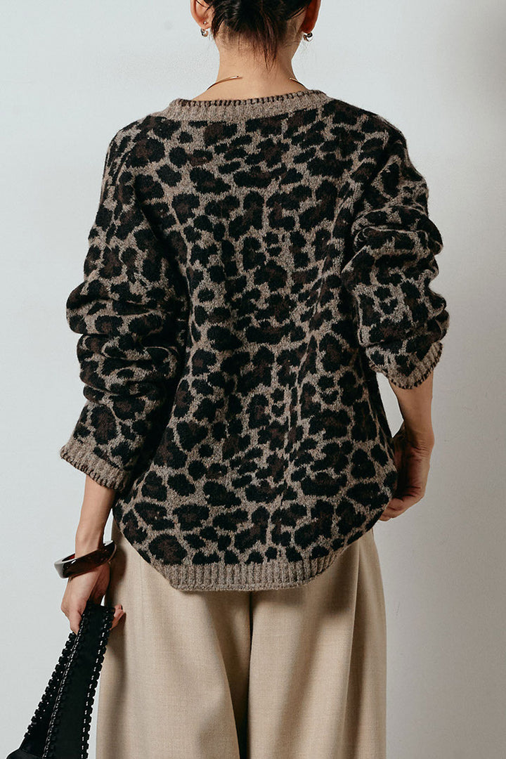 [SET]ステッチデザインレオパードニットカーディガン+リブニットフレアスカート(2set)