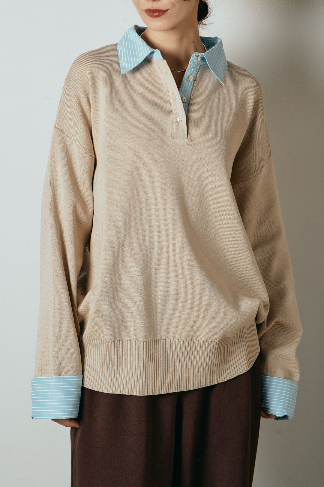 【即納】ストライプシャツドッキングポロトップス