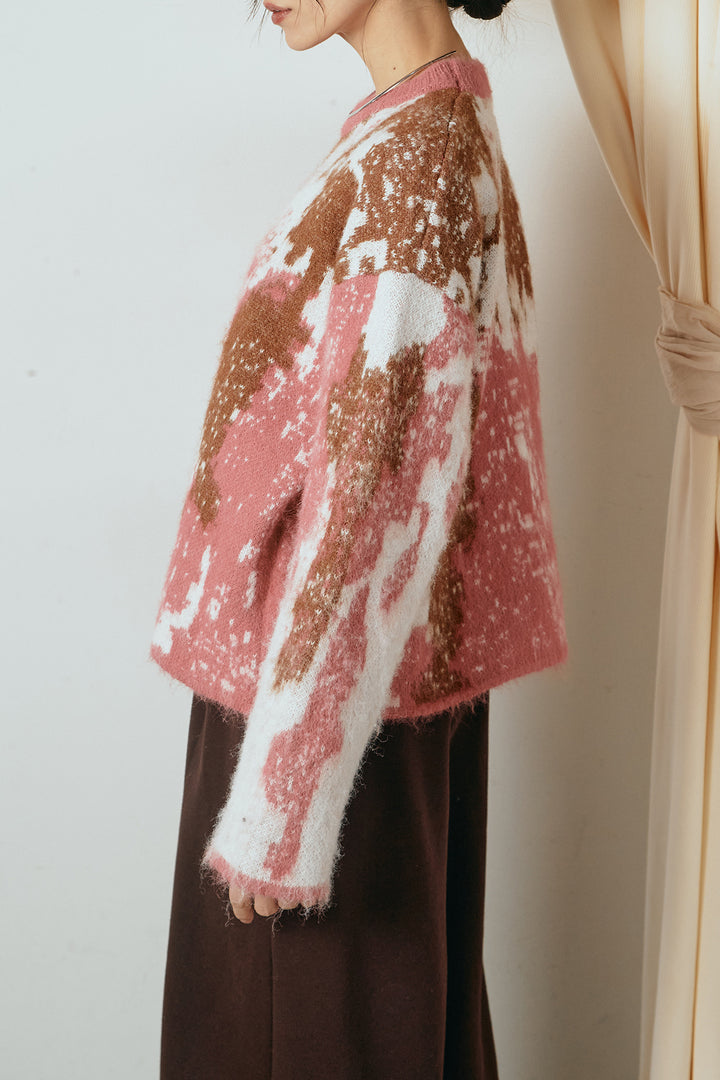 [SET]起毛ニュアンス柄ニットプルオーバー+ファーベルト付きワイドパンツ(2set)