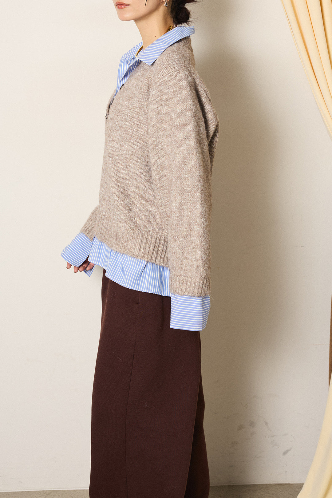 [SET]ストライプシャツドッキングニットポロトップス+デニムロングフレアスカート(2set)