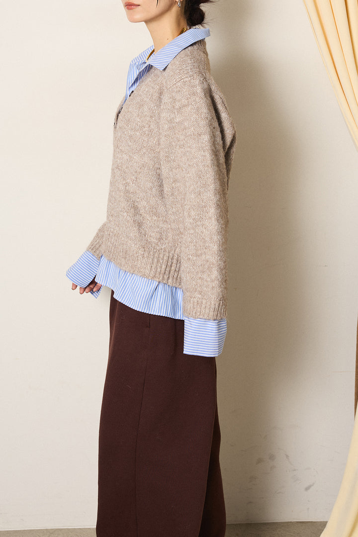 [SET]ストライプシャツドッキングニットポロトップス+デニムロングフレアスカート(2set)