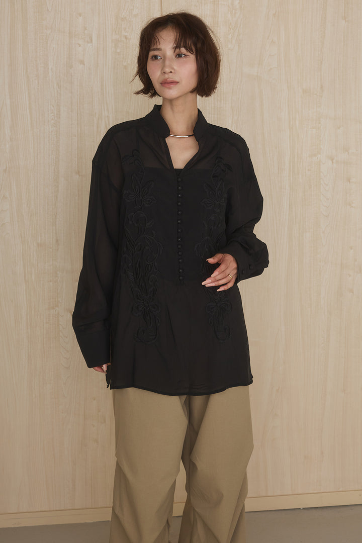 [SET]フロントボタンニュアンス柄ブラウス+ニーサイドタックウエストドロストパンツ(2set)