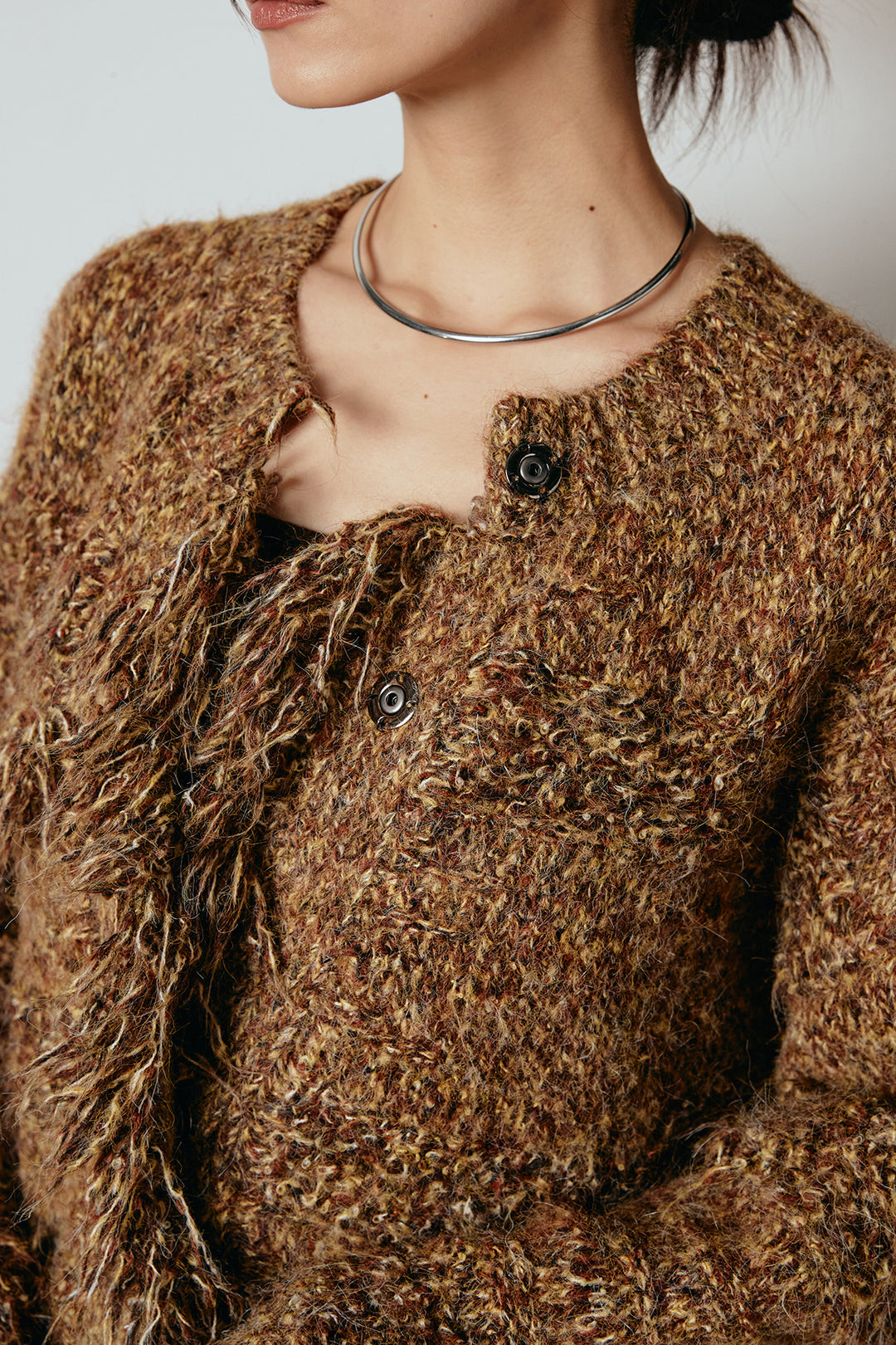 [SET]フリンジニットカーディガン+ウールライクチェックタックパンツ(2set)