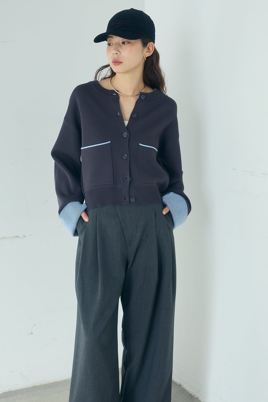 [SET]レーヨンポリダブルフェイスカーディガン+レース刺繍切替ワイドパンツ(2set)