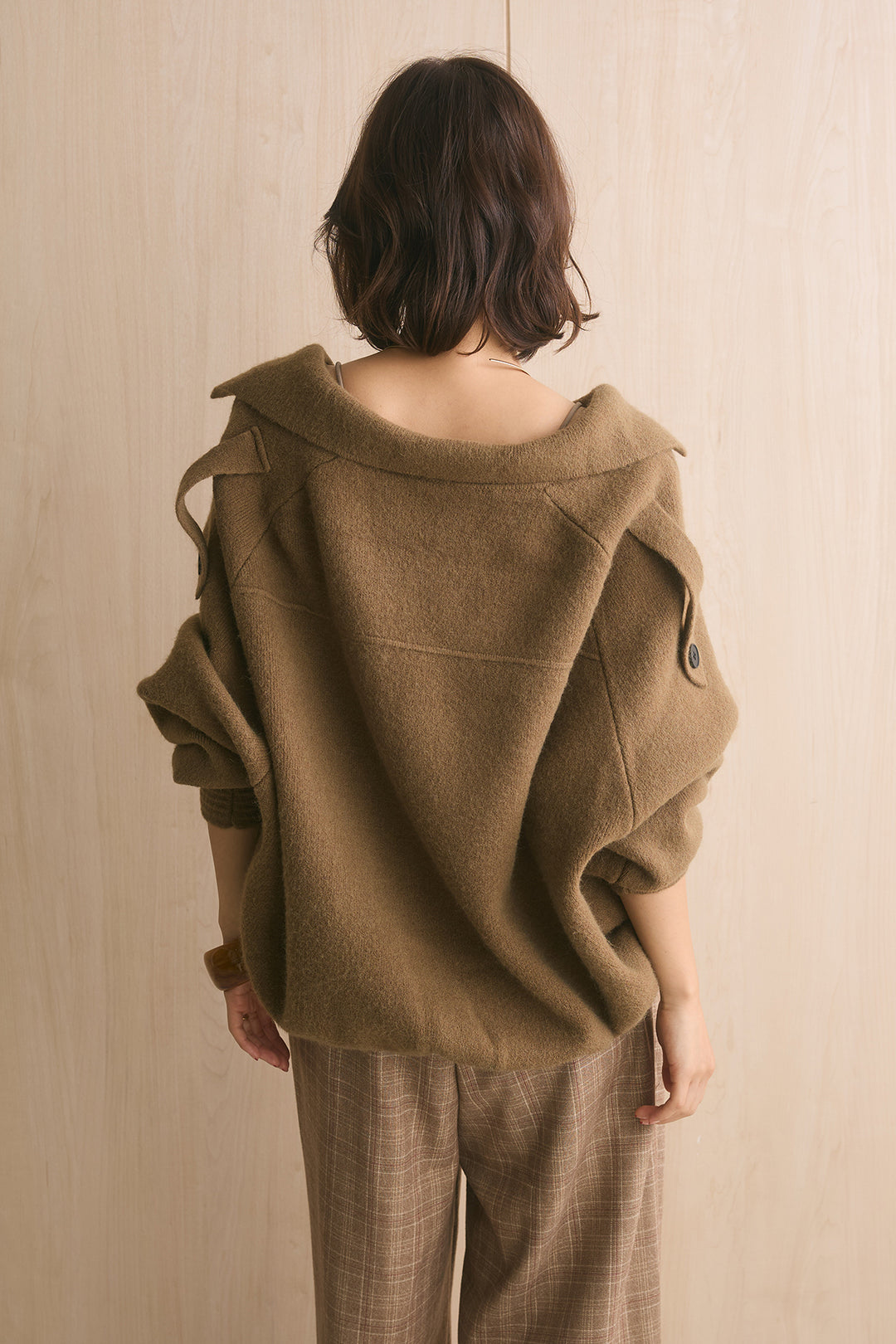[SET]アシンメトリーデザインオーバーニットアウター+杢調ウィンドペンチェックタックパンツ(2set)