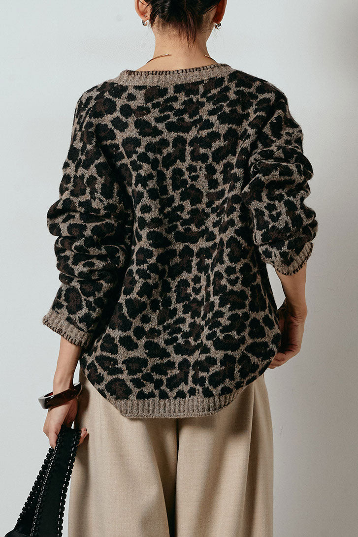 [SET]ステッチデザインレオパードニットカーディガン+ポーチベルト付きカーブパンツ(2set)