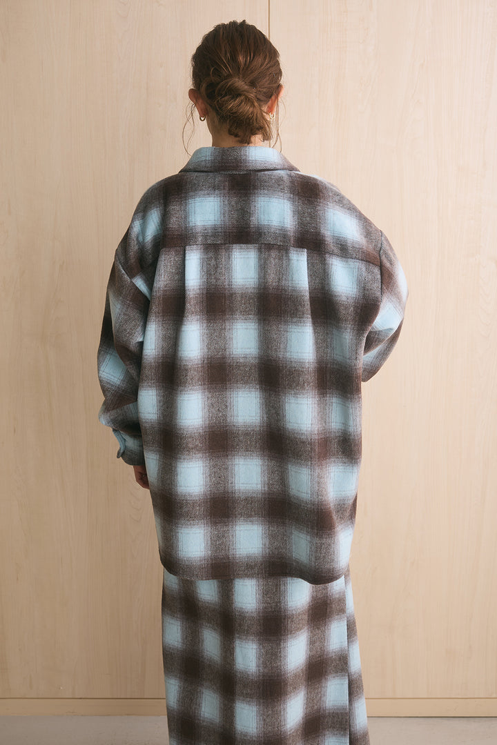 [SET]起毛チェック柄シャツジャケット+起毛チェック柄ボックスタックスカート+プレーティングクルーネックプルオーバー(3set)