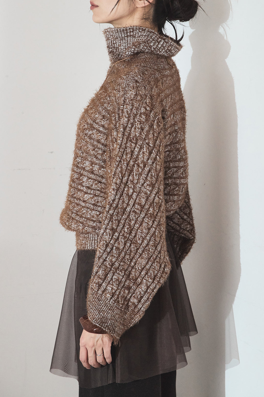 [SET]ミックス編みドルマンニットトップス+チュールレイヤードニットパンツ(2set)