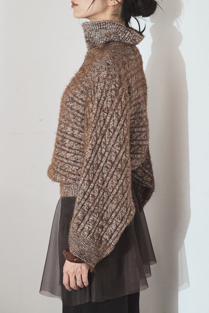 [SET]ミックス編みドルマンニットトップス+チュールレイヤードニットパンツ(2set)