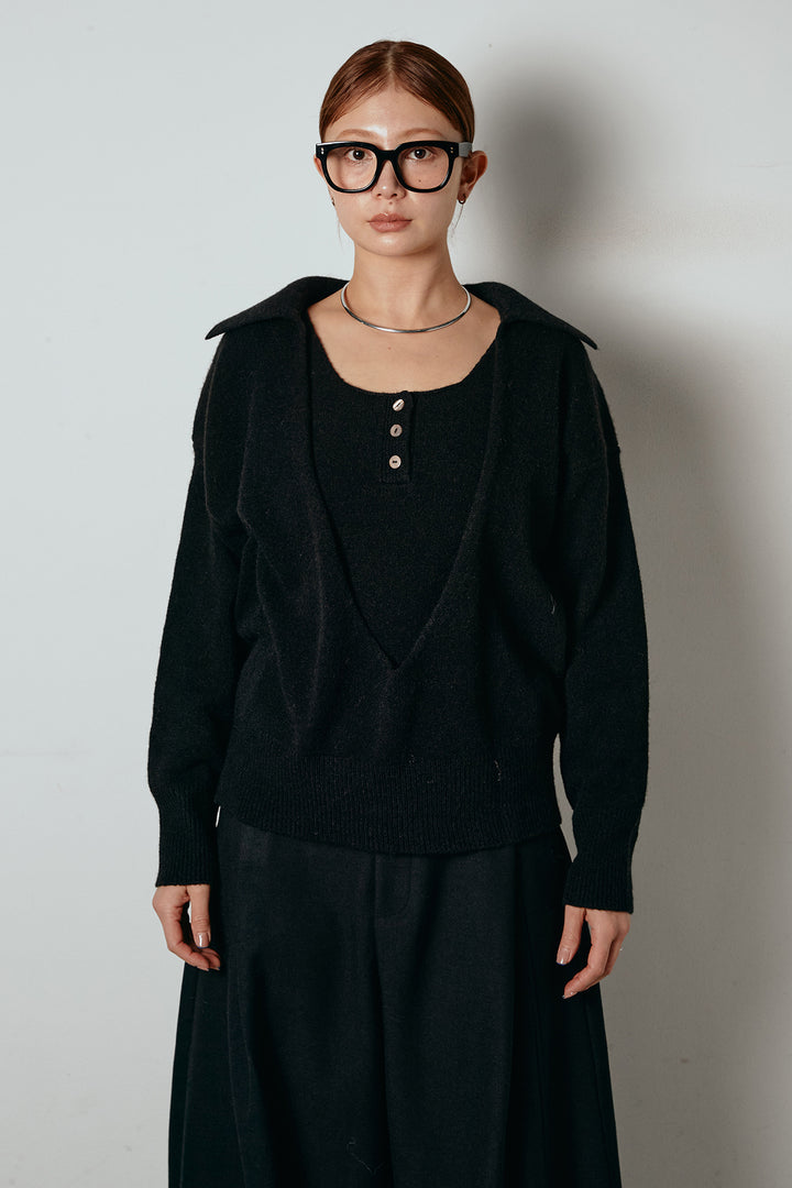 襟付きレイヤードニットトップス