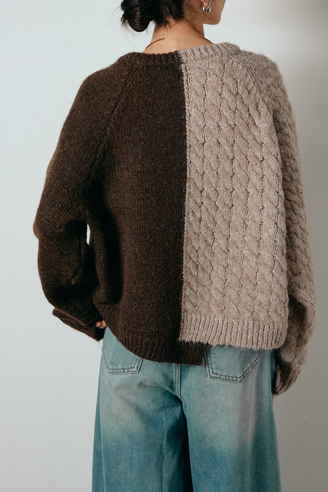 [SET]ハーフジップニットデニムドッキングトップス+ウエストダブルボタンワイドデニムパンツ(2set)