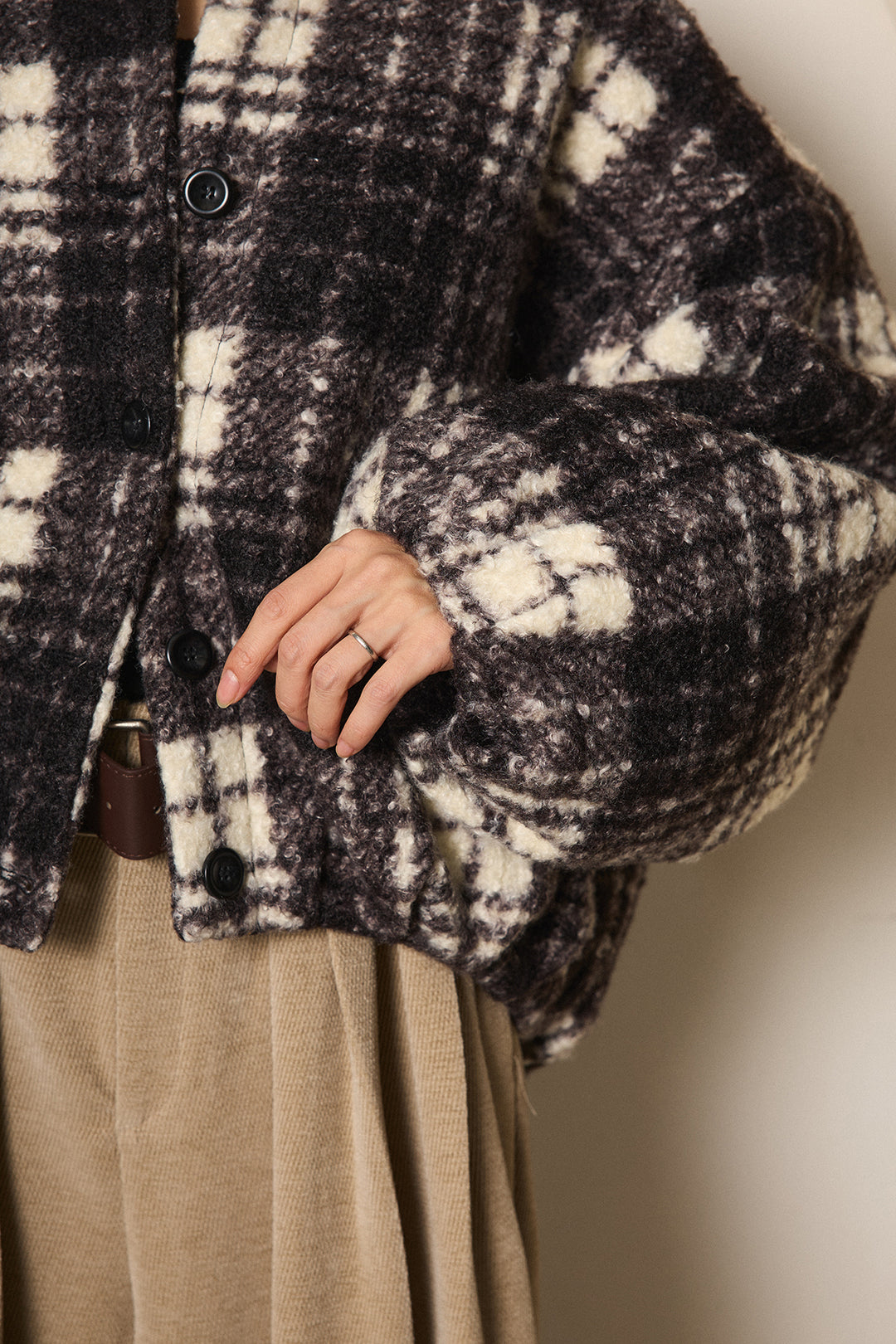 ノーカラーチェック柄ボアブルゾン