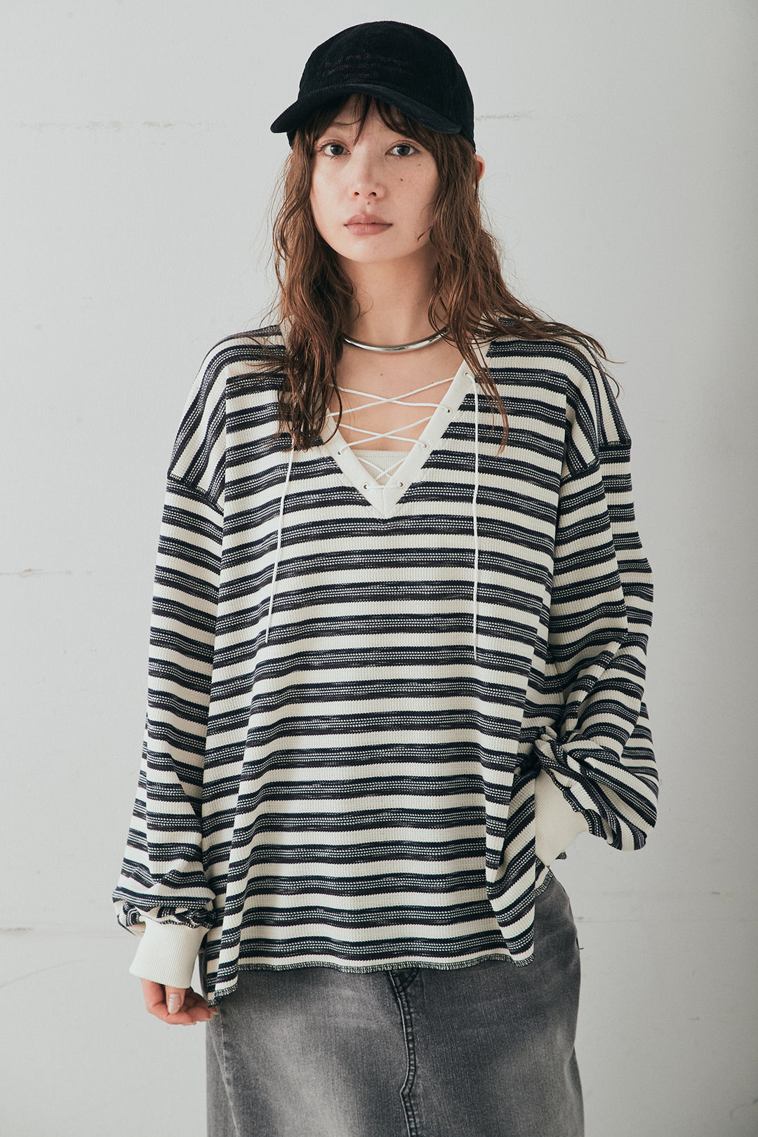 [SET]レースアップワッフルボーダートップス+ウエストクロスデニムタイトスカート(2set)