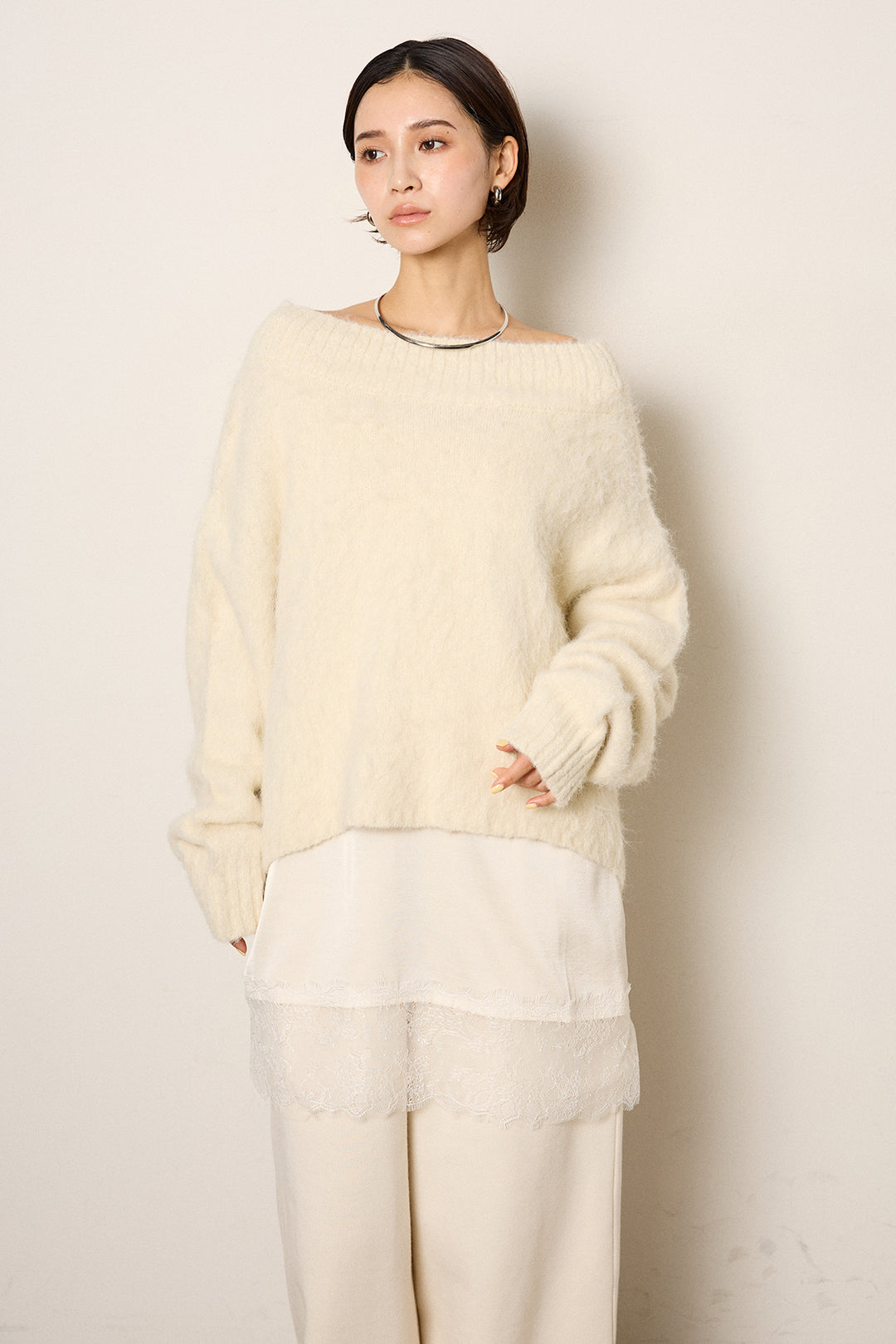 [SET]アルパカタッチオフショルニット+レース切り替えキャミソール+裏起毛スウェットワイドパンツ(3set)