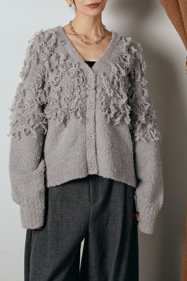 [SET]ループ編みVネックニットカーディガン+ポーチベルト付きカーブパンツ(2set)