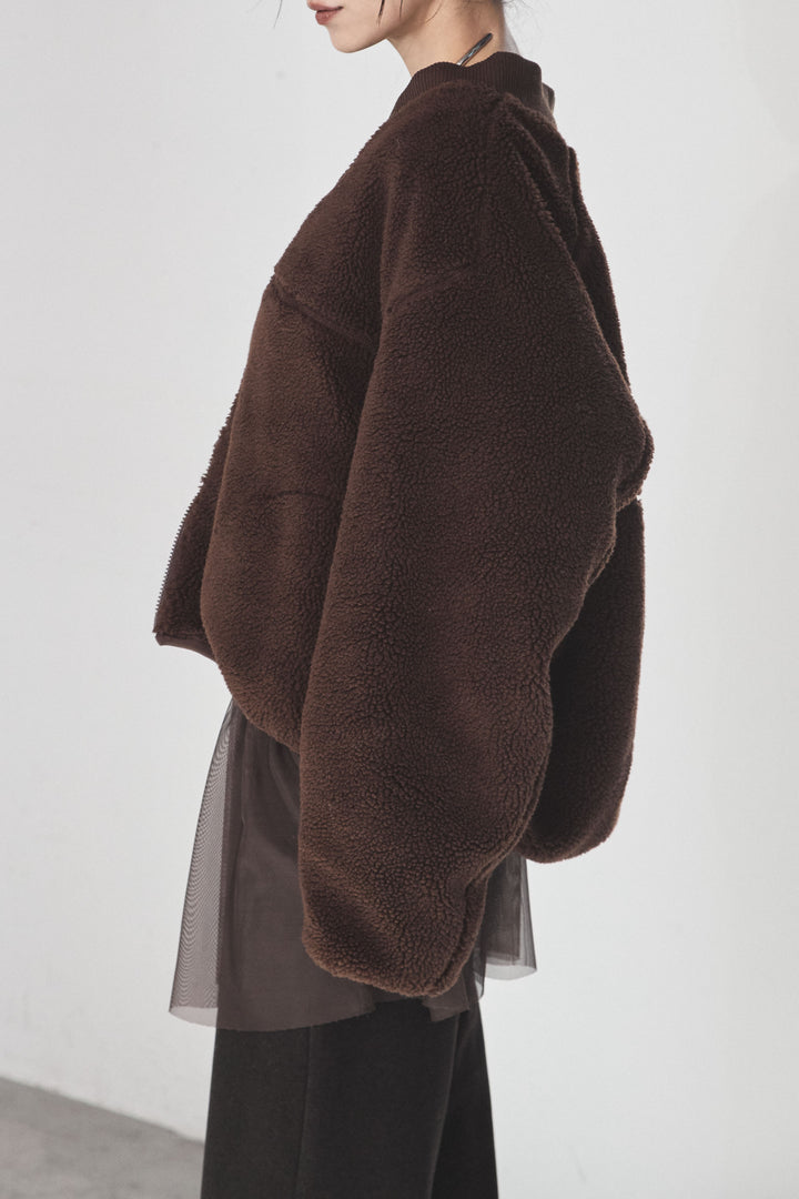 [SET]ノーカラーリブボアアウター+チュールレイヤードニットパンツ(2set)