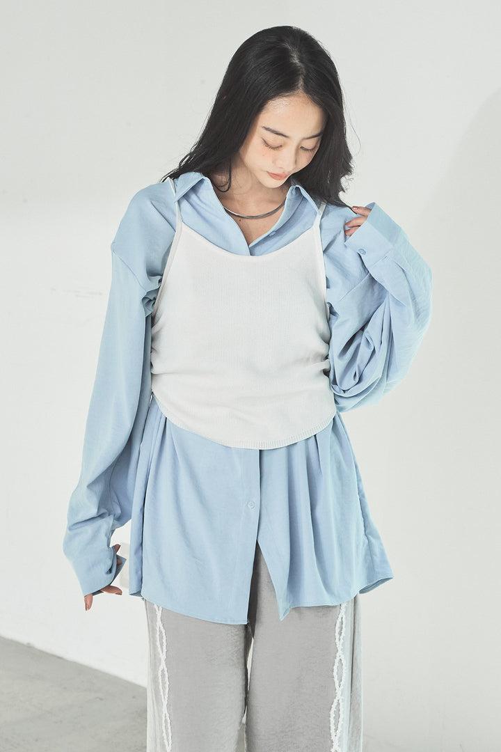 [SET]ニットキャミ付きシャツ+刺繡テープラインパンツ(2set)